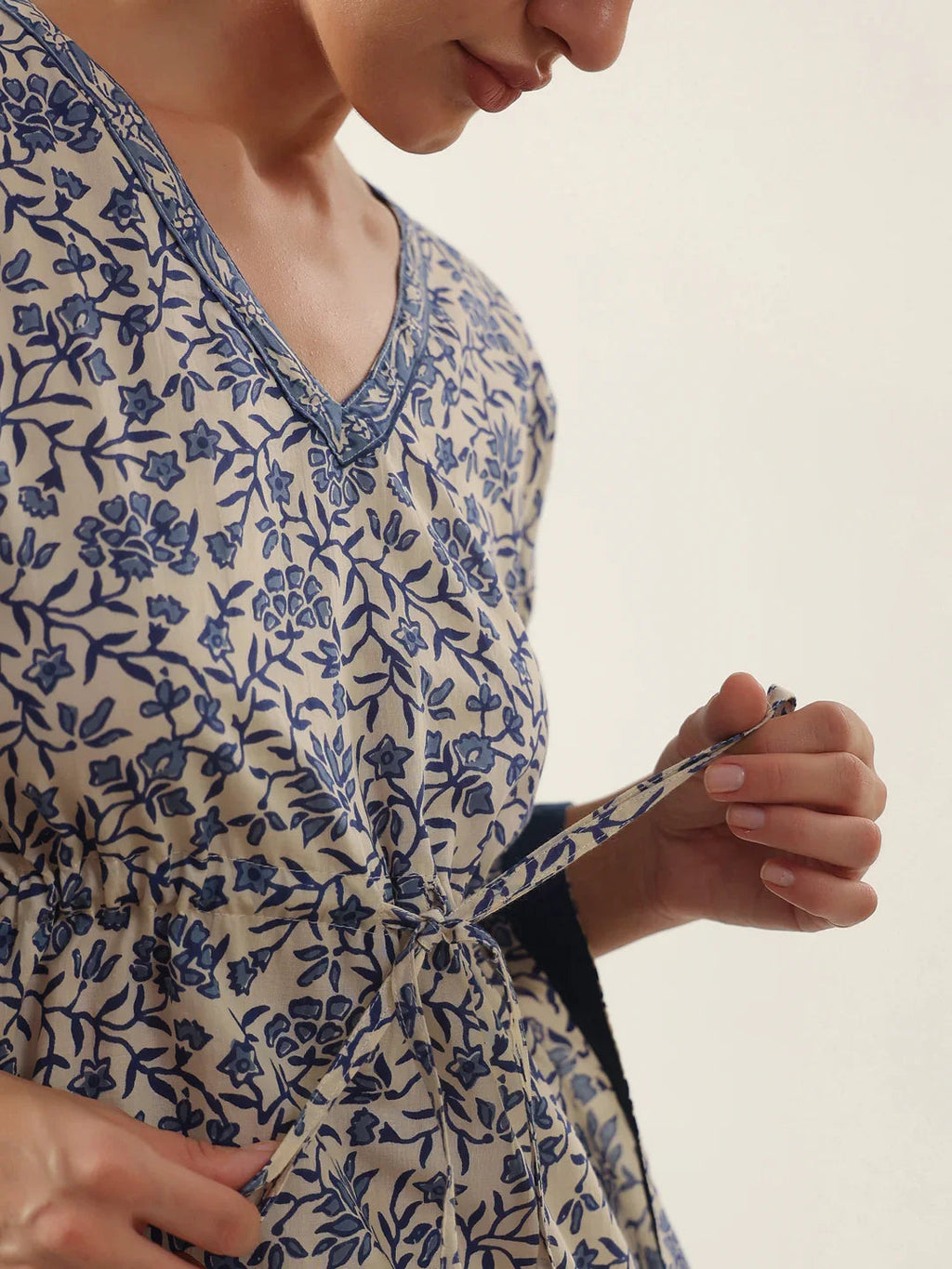 Off White V-Neck Pure Cotton Kaftan Night Dress - SanskrutiHomes 