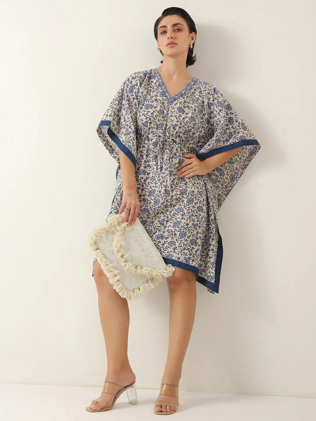 Off White V-Neck Pure Cotton Kaftan Night Dress - SanskrutiHomes 