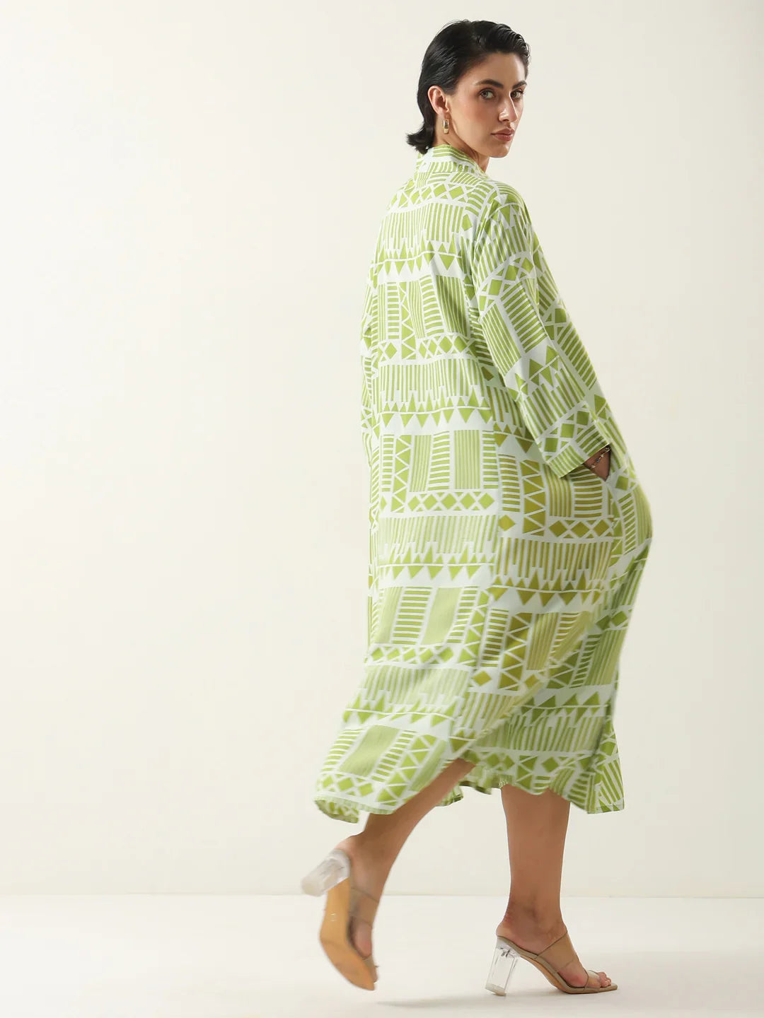 Green Geometric Print Viscose Rayon Dress for Women - SanskrutiHomes 