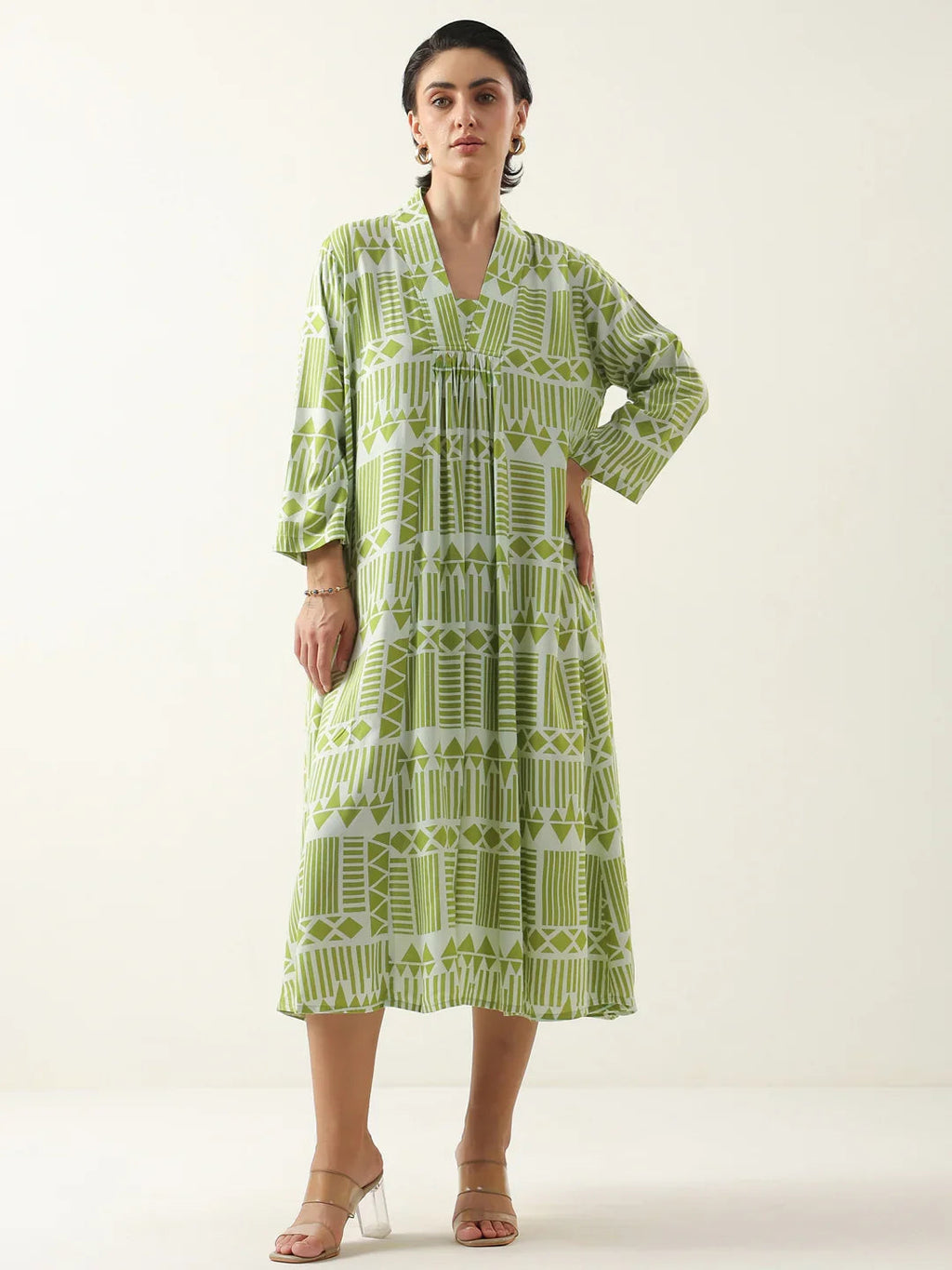 Green Geometric Print Viscose Rayon Dress for Women - SanskrutiHomes 