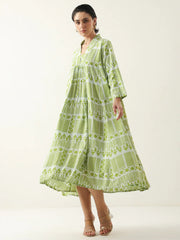 Green Geometric Print Viscose Rayon Dress for Women - SanskrutiHomes 