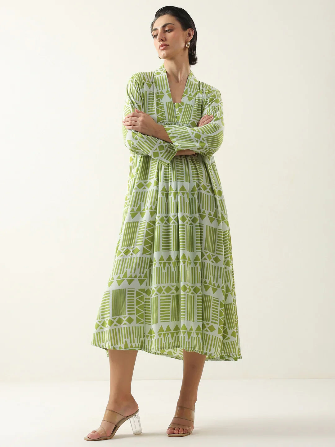 Green Geometric Print Viscose Rayon Dress for Women - SanskrutiHomes 