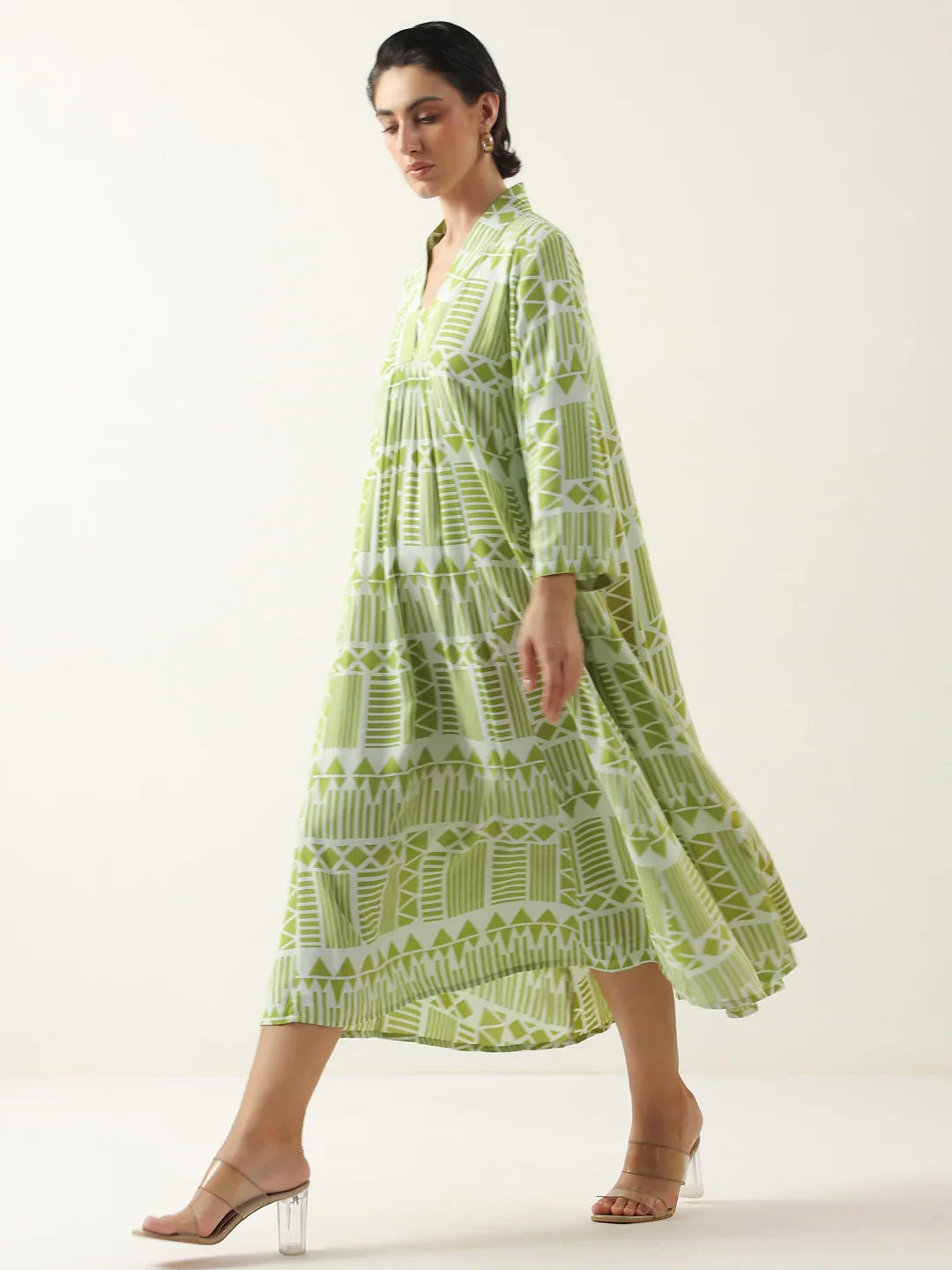 Green Geometric Print Viscose Rayon Dress for Women - SanskrutiHomes 