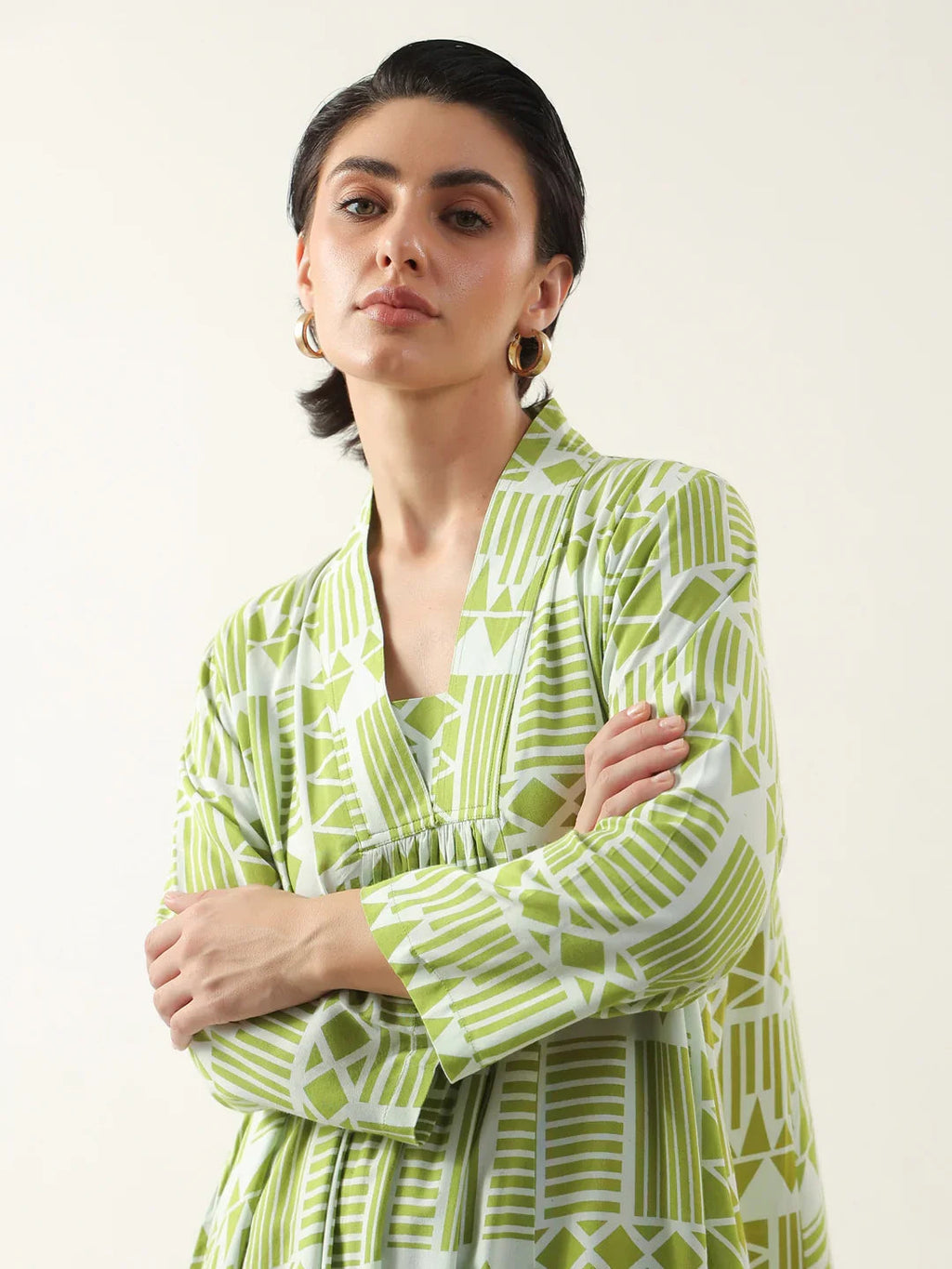 Green Geometric Print Viscose Rayon Dress for Women - SanskrutiHomes 