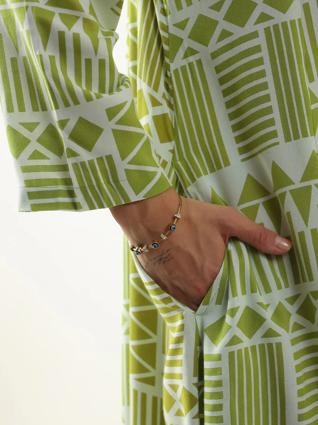 Green Geometric Print Viscose Rayon Dress for Women - SanskrutiHomes 