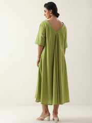 Lime Green V-Neck Cotton Dress For Women