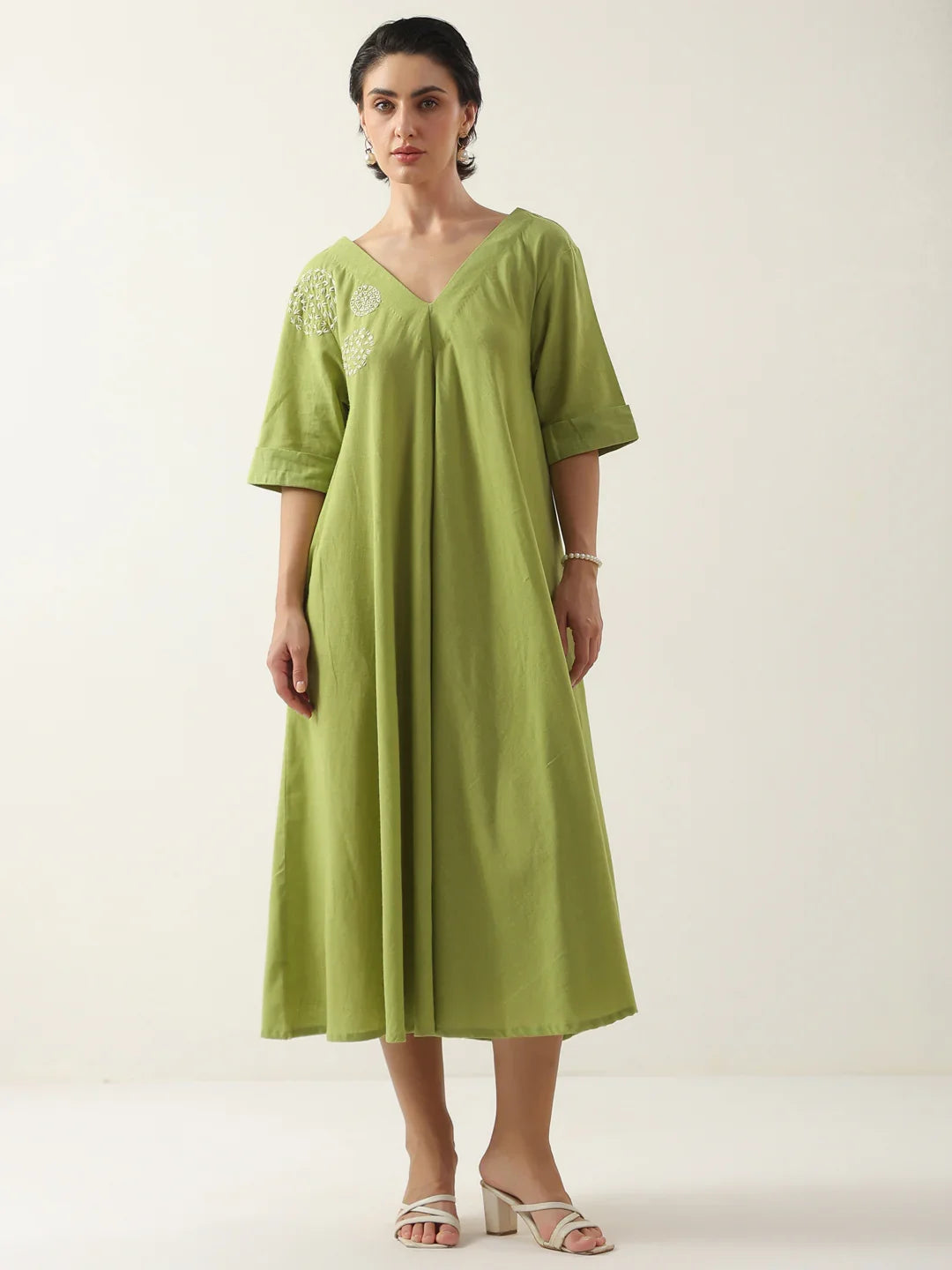 Buy Lime Green V-Neck Cotton Dress For Women Online @ Discounted Price