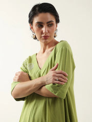 Lime Green V-Neck Cotton Dress For Women