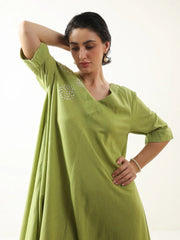 Lime Green V-Neck Cotton Dress For Women