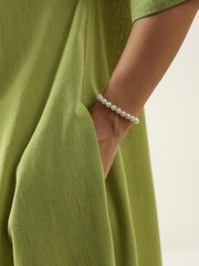 Lime Green V-Neck Cotton Dress For Women