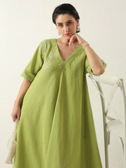 Lime Green V-Neck Cotton Dress For Women