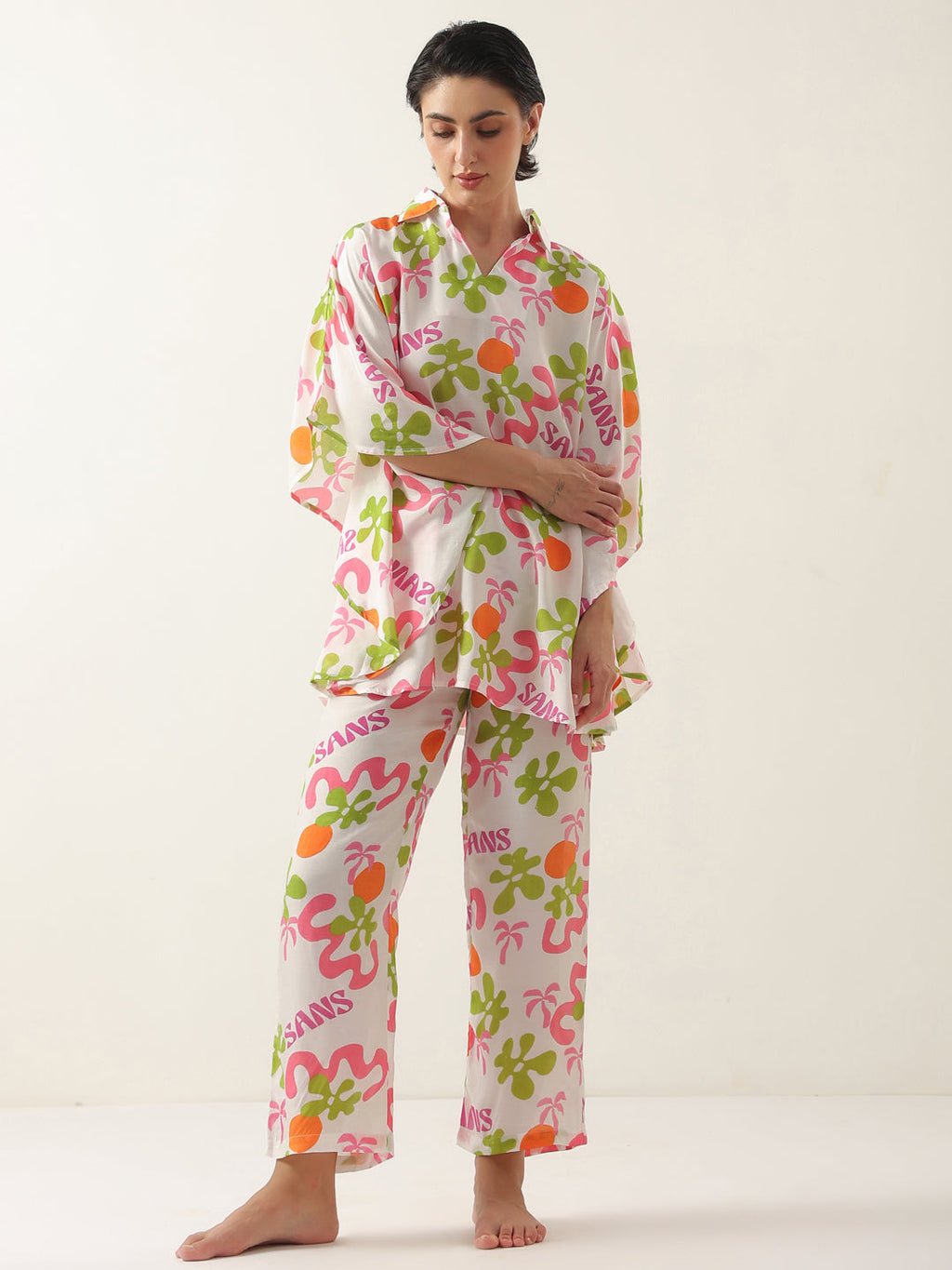 Off White Cotton V-Neck Night Suit for Women - SanskrutiHomes 