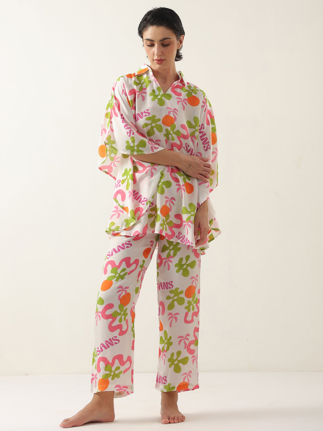 Off White Cotton V-Neck Night Suit for Women - SanskrutiHomes 