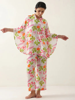 Off White Cotton V-Neck Night Suit for Women - SanskrutiHomes 