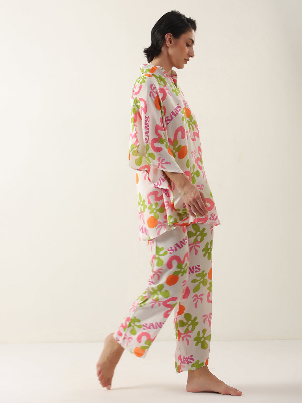 Off White Cotton V-Neck Night Suit for Women - SanskrutiHomes 