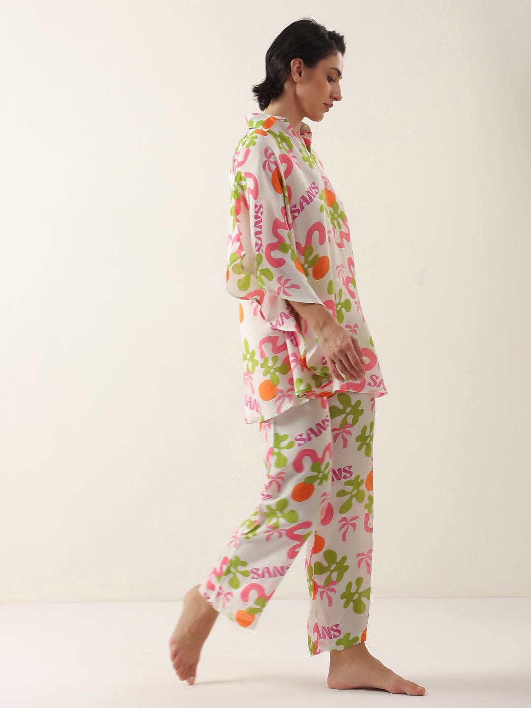 Off White Cotton V-Neck Night Suit for Women - SanskrutiHomes 