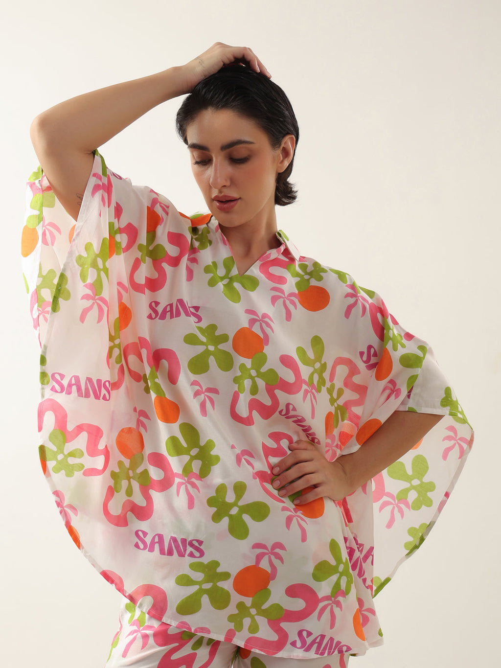 Off White Cotton V-Neck Night Suit for Women - SanskrutiHomes 