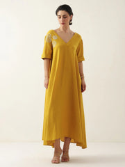 Mustard V-Neck Solid Cotton Dress For Women