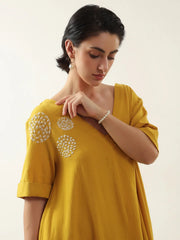 Mustard V-Neck Solid Cotton Dress For Women