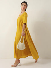 Mustard V-Neck Solid Cotton Dress For Women