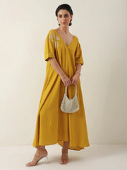 Mustard V-Neck Solid Cotton Dress For Women