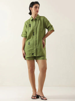 Green Color Shirt Collar Cotton Co-ords Set - SanskrutiHomes 