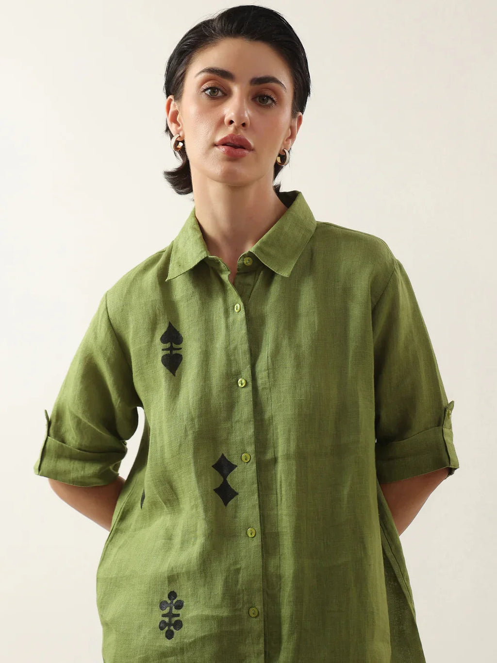Green Color Shirt Collar Cotton Co-ords Set - SanskrutiHomes 