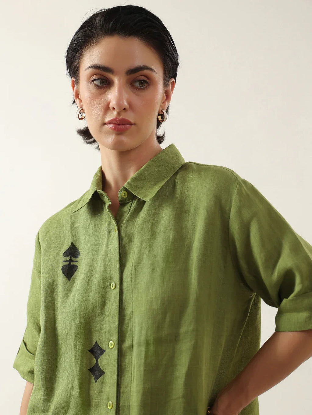 Green Color Shirt Collar Cotton Co-ords Set - SanskrutiHomes 