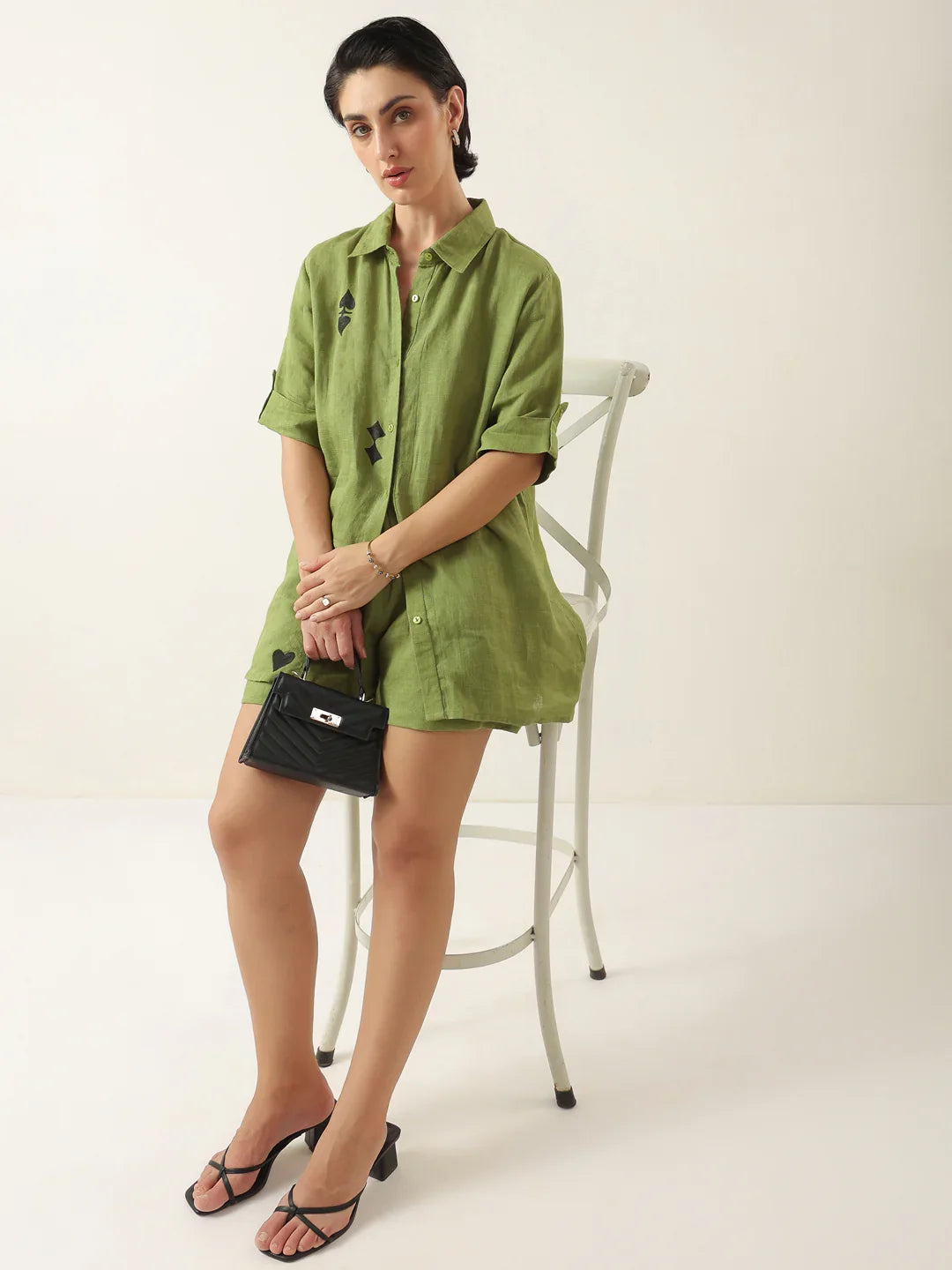 Green Color Shirt Collar Cotton Co-ords Set - SanskrutiHomes 