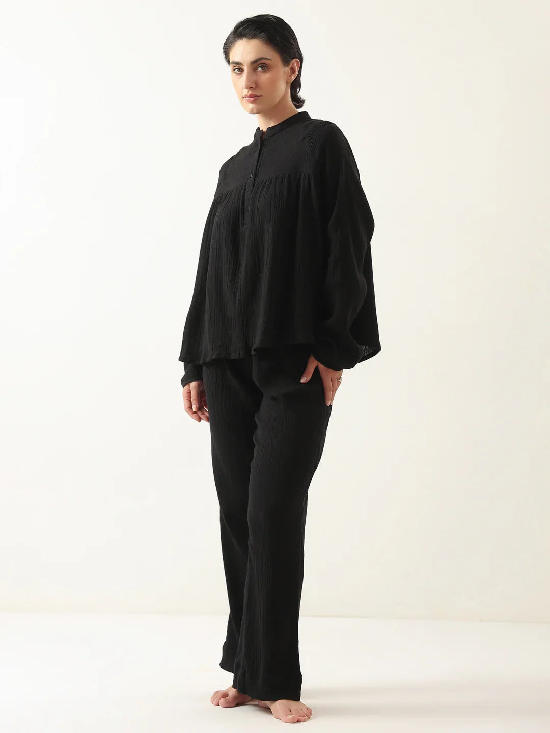 Black Color Round Neck Pure Cotton Co-ords Set for Women - SanskrutiHomes 