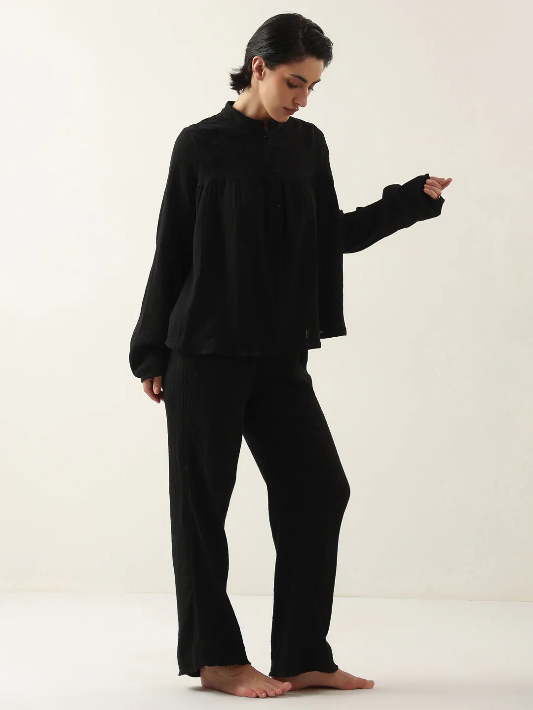 Black Color Round Neck Pure Cotton Co-ords Set for Women - SanskrutiHomes 