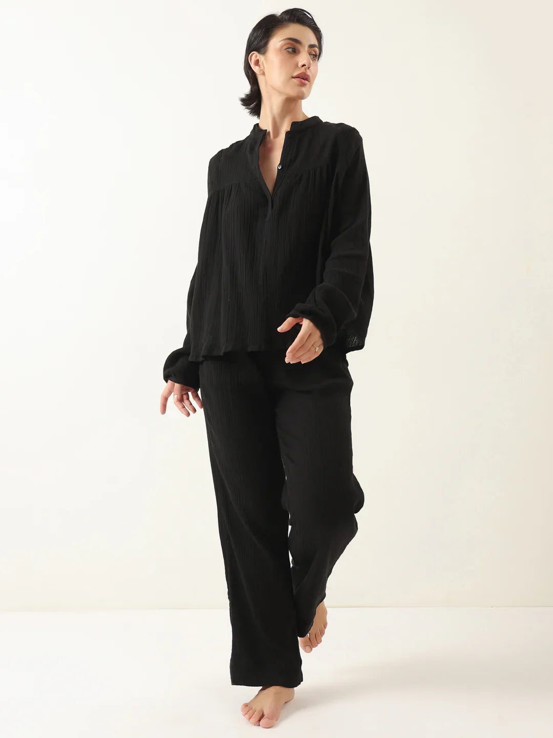 Black Color Round Neck Pure Cotton Co-ords Set for Women - SanskrutiHomes 