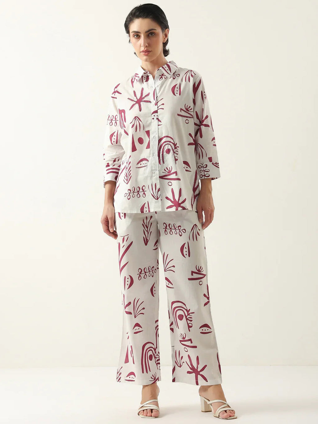 White Color Shirt Collar Cotton Printed Co-ords Set - SanskrutiHomes 