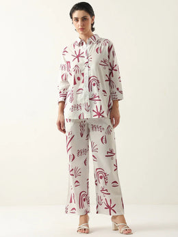 White Color Shirt Collar Cotton Printed Co-ords Set - SanskrutiHomes 