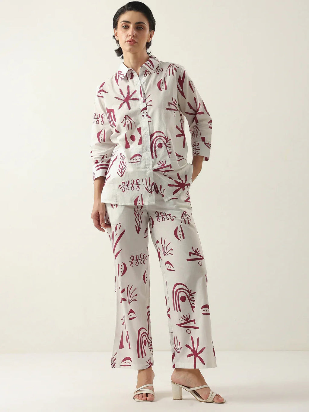 White Color Shirt Collar Cotton Printed Co-ords Set - SanskrutiHomes 