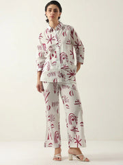 White Color Shirt Collar Cotton Printed Co-ords Set - SanskrutiHomes 