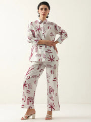 White Color Shirt Collar Cotton Printed Co-ords Set - SanskrutiHomes 