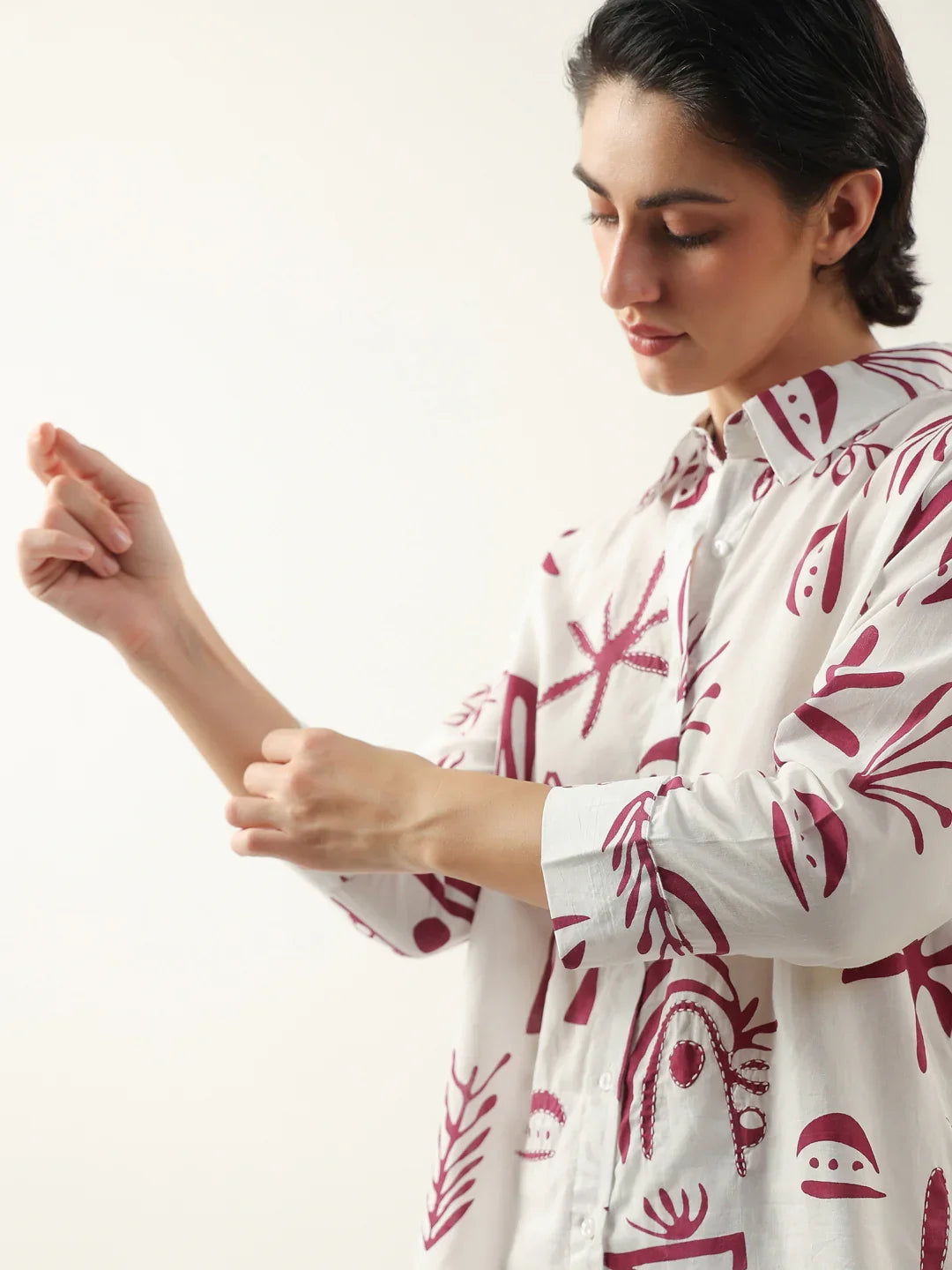 White Color Shirt Collar Cotton Printed Co-ords Set - SanskrutiHomes 