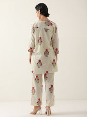 Cream Round Neck Cotton Floral Printed Co-Ords Set