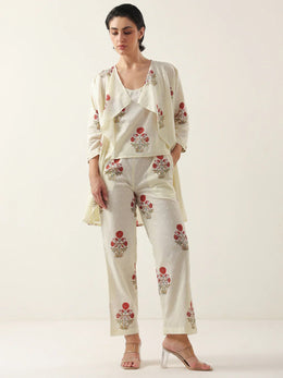 Cream Round Neck Cotton Floral Printed Co-Ords Set