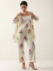 Cream Round Neck Cotton Floral Printed Co-Ords Set