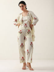 Cream Round Neck Cotton Floral Printed Co-Ords Set