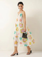 White Floral Printed Cotton Dress for Women and Girls - SanskrutiHomes 