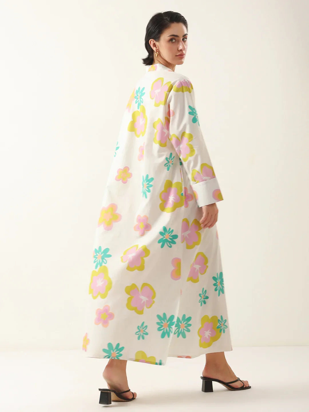 White Color Floral Shirt Collar Dress for Women - SanskrutiHomes 