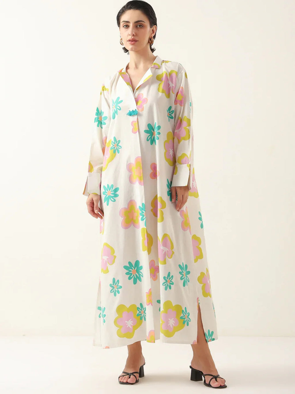 White Color Floral Shirt Collar Dress for Women - SanskrutiHomes 