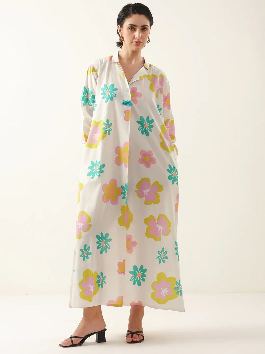 White Color Floral Shirt Collar Dress for Women - SanskrutiHomes 