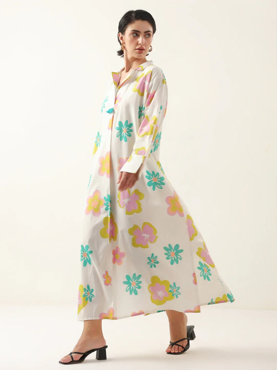 White Color Floral Shirt Collar Dress for Women - SanskrutiHomes 