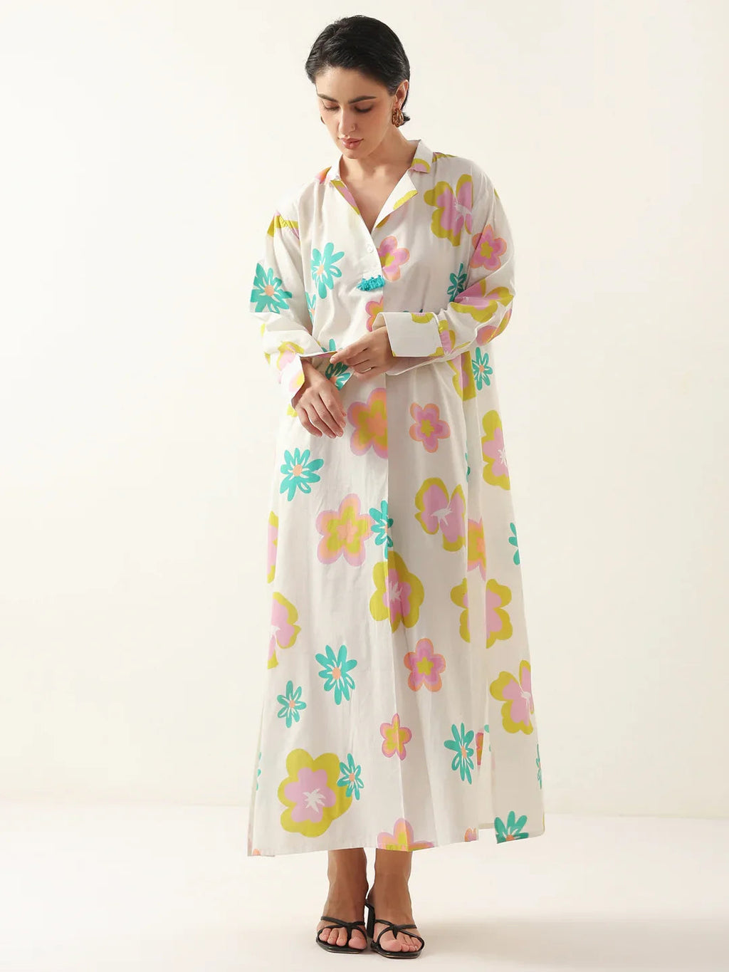 White Color Floral Shirt Collar Dress for Women - SanskrutiHomes 