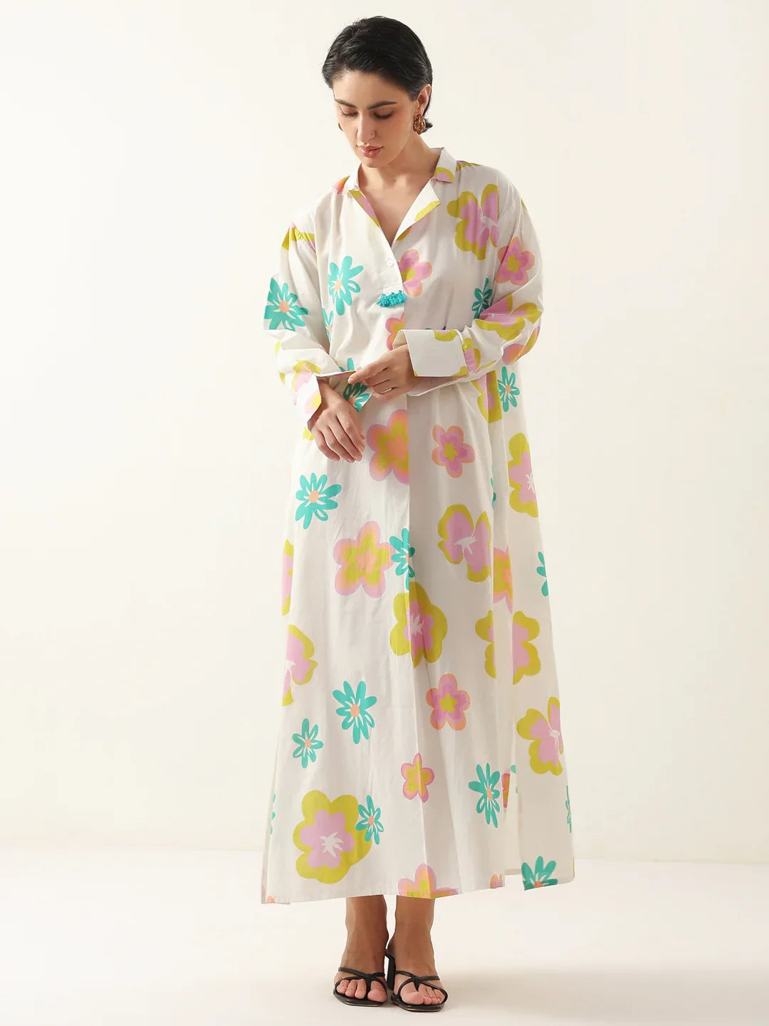 White Color Floral Shirt Collar Dress for Women - SanskrutiHomes 