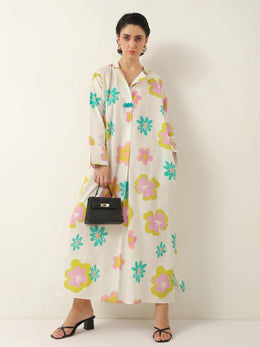 White Color Floral Shirt Collar Dress for Women - SanskrutiHomes 